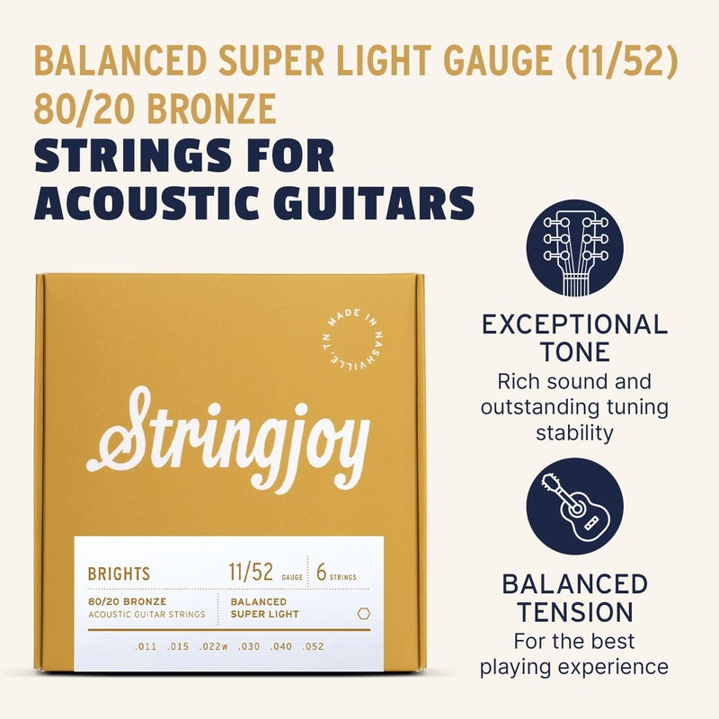 Stringjoy Balanced Super Light Gauge Brights 80/20 Bronze Acoustic Guitar Strings 11-52, BB1152, Vibrant Tone & Optimal Playability, Acoustic 6 String Set - Image 2